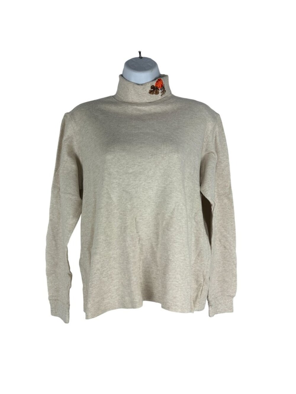 Classic Elements Womens Medium Beige Mock Neck Pumpkin Embroidered Shirt